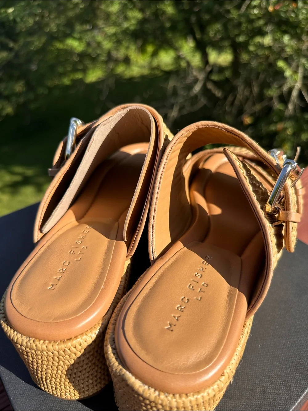 NIB! Marc Fisher Poppy Tan Woven Double-Buckle Platform Sandals